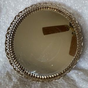 Vintage Mid Century Mirrored Vanity Tray Gold 1.5” Ormolu Round shape.